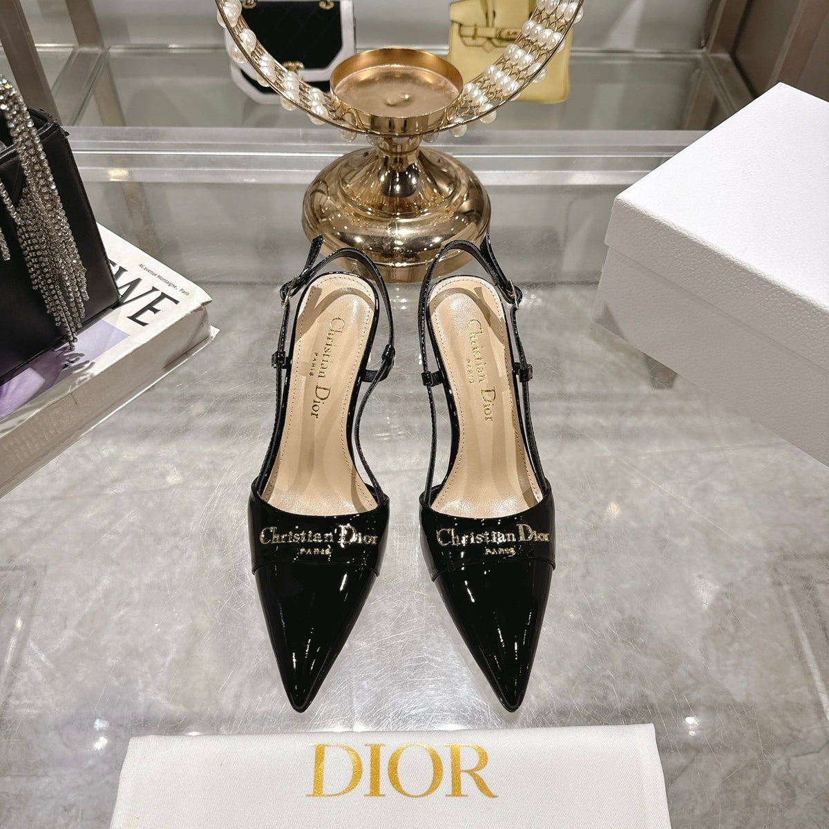 PATENT SLINGBACK KITTEN HEELS – BLACK