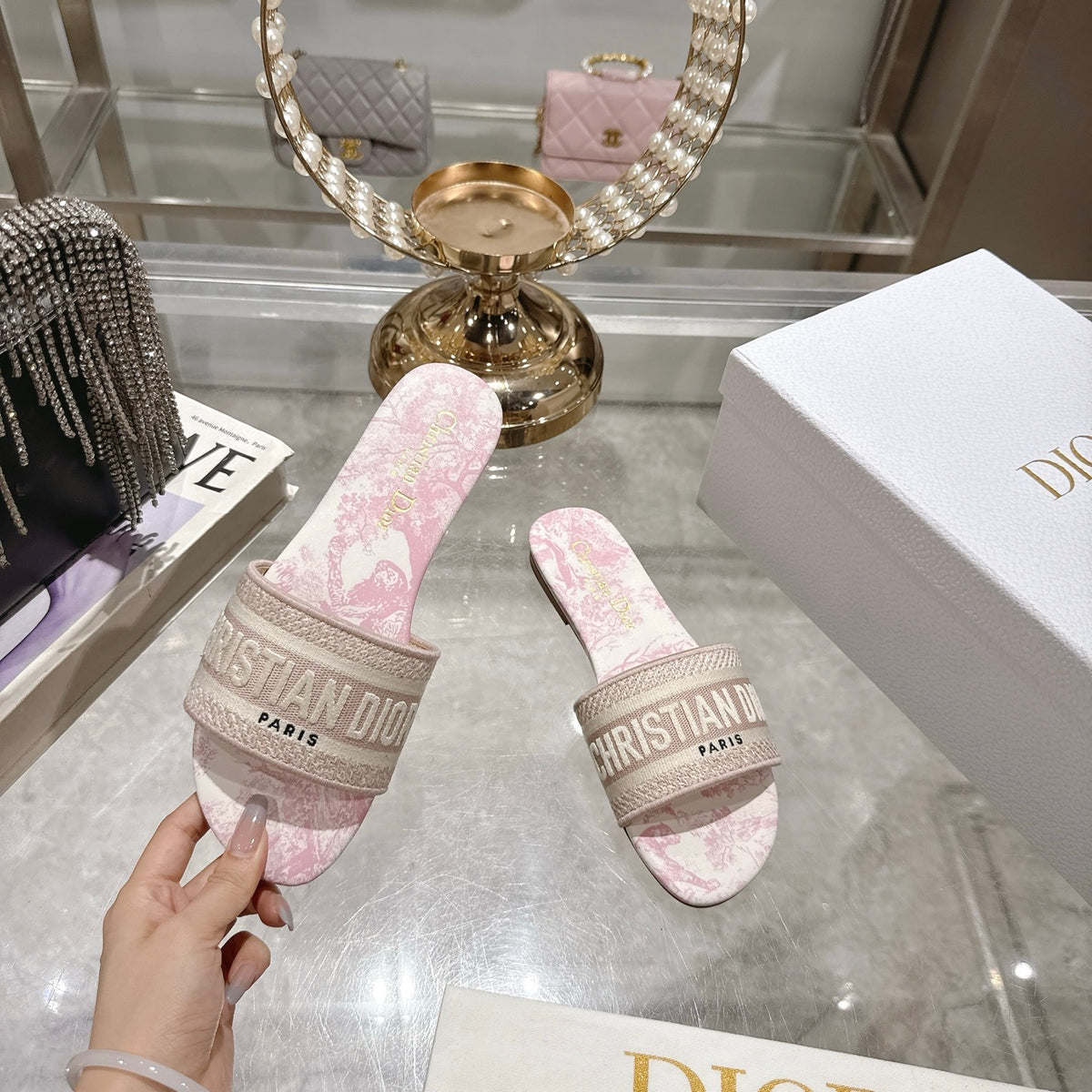 TOILE PRINT LOGO FLAT SLIDES – BLUSH PINK