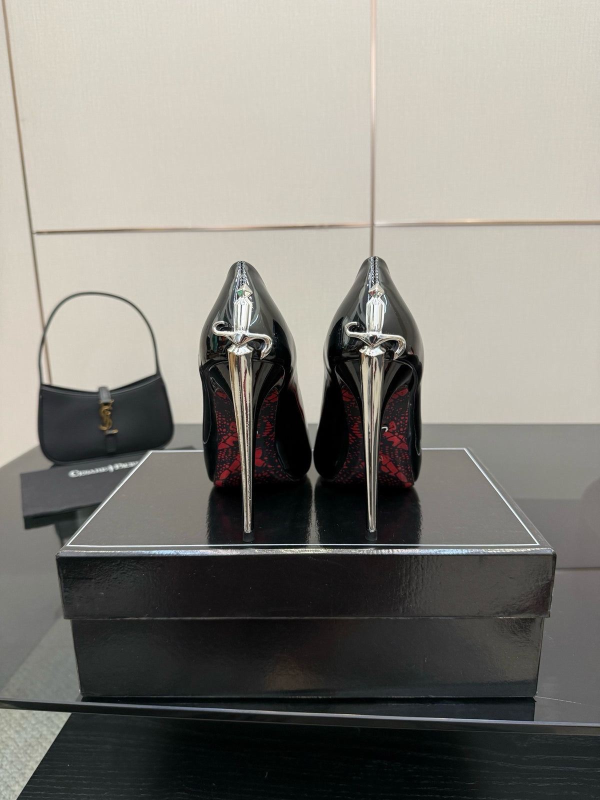 METALLIC DAGGER STILETTO PUMPS – BLACK PATENT EDITION