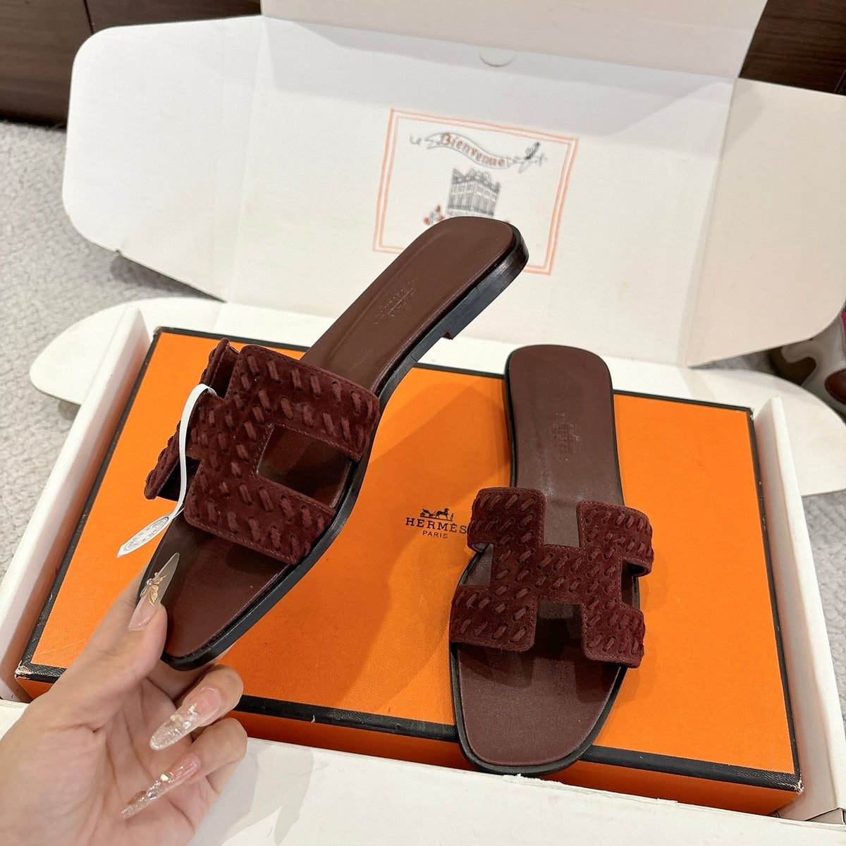 DARK BROWN SUEDE SLIDE SANDALS