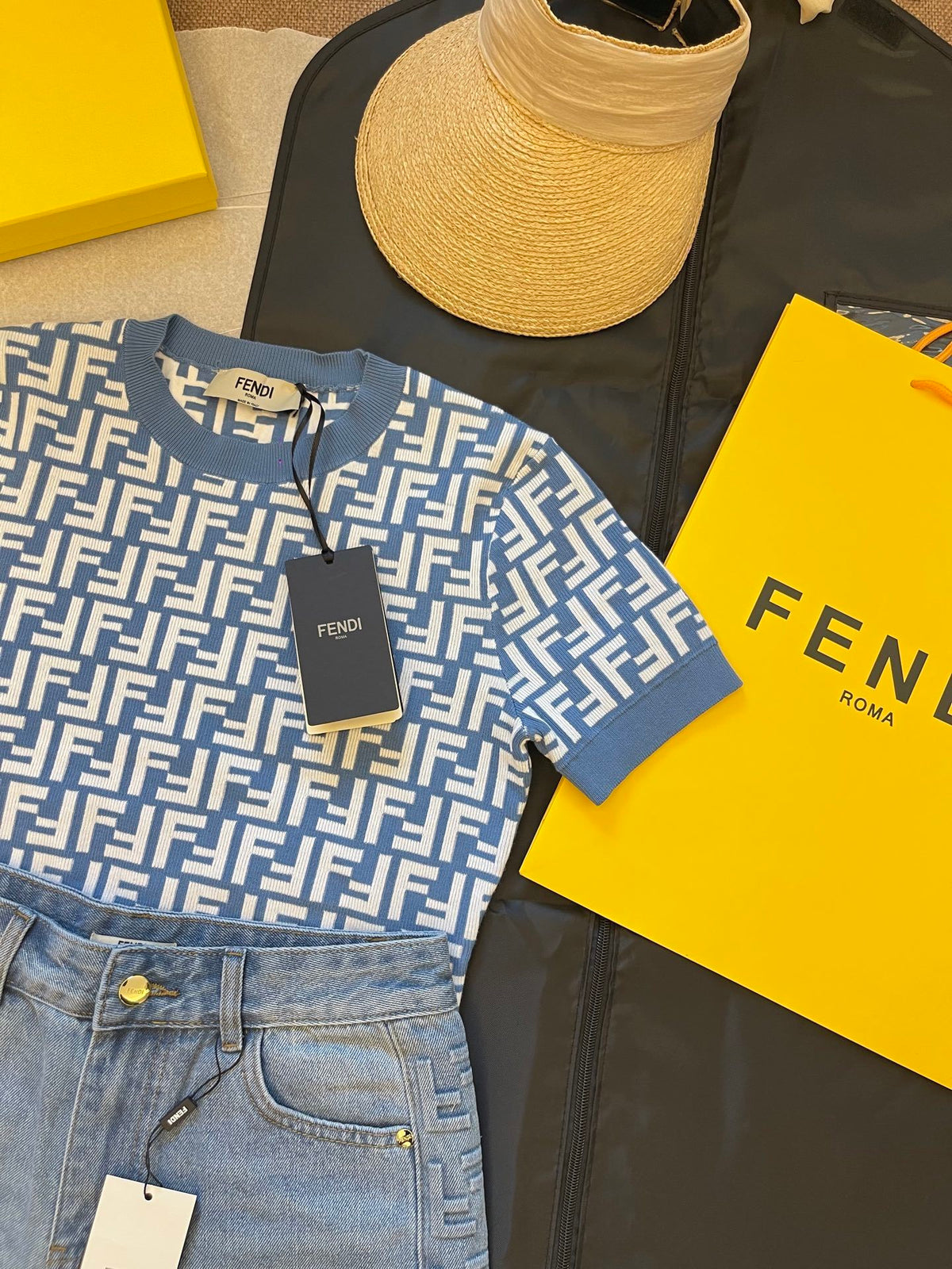 FENDI MONOGRAM KNIT TOP & DENIM SHORT SET