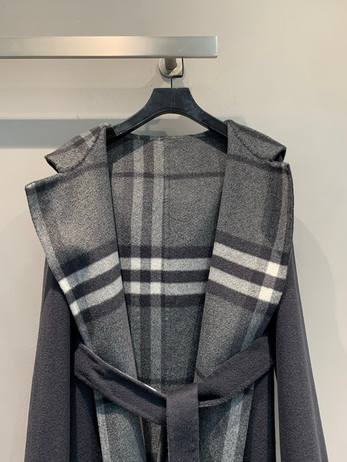 CHECK PANEL BELTED HOODED COAT