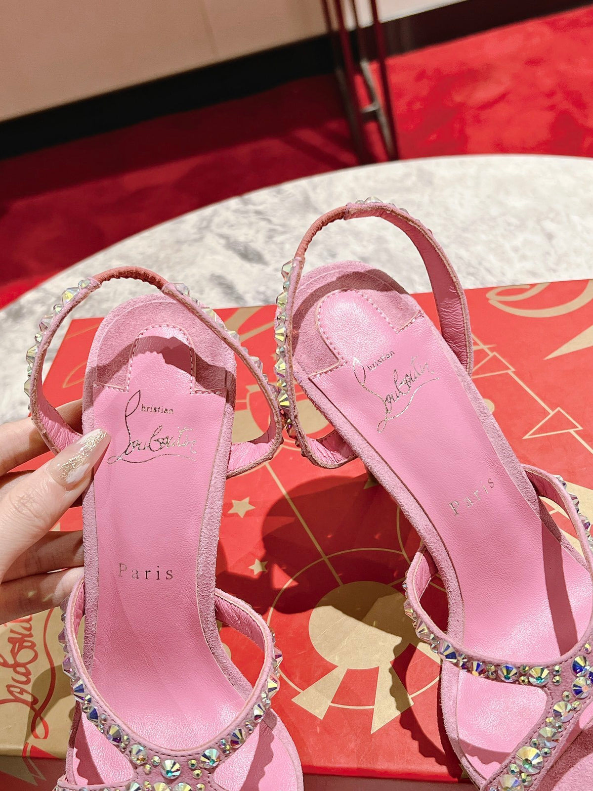 PINK SUEDE RHINESTONE-STRAP SANDAL HEELS