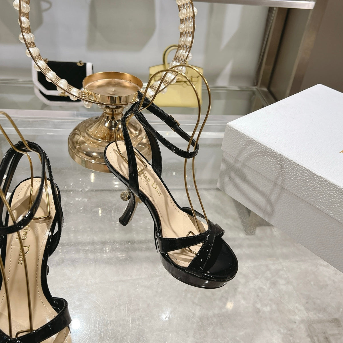 PATENT PLATFORM STRAPPY HEELS – BLACK