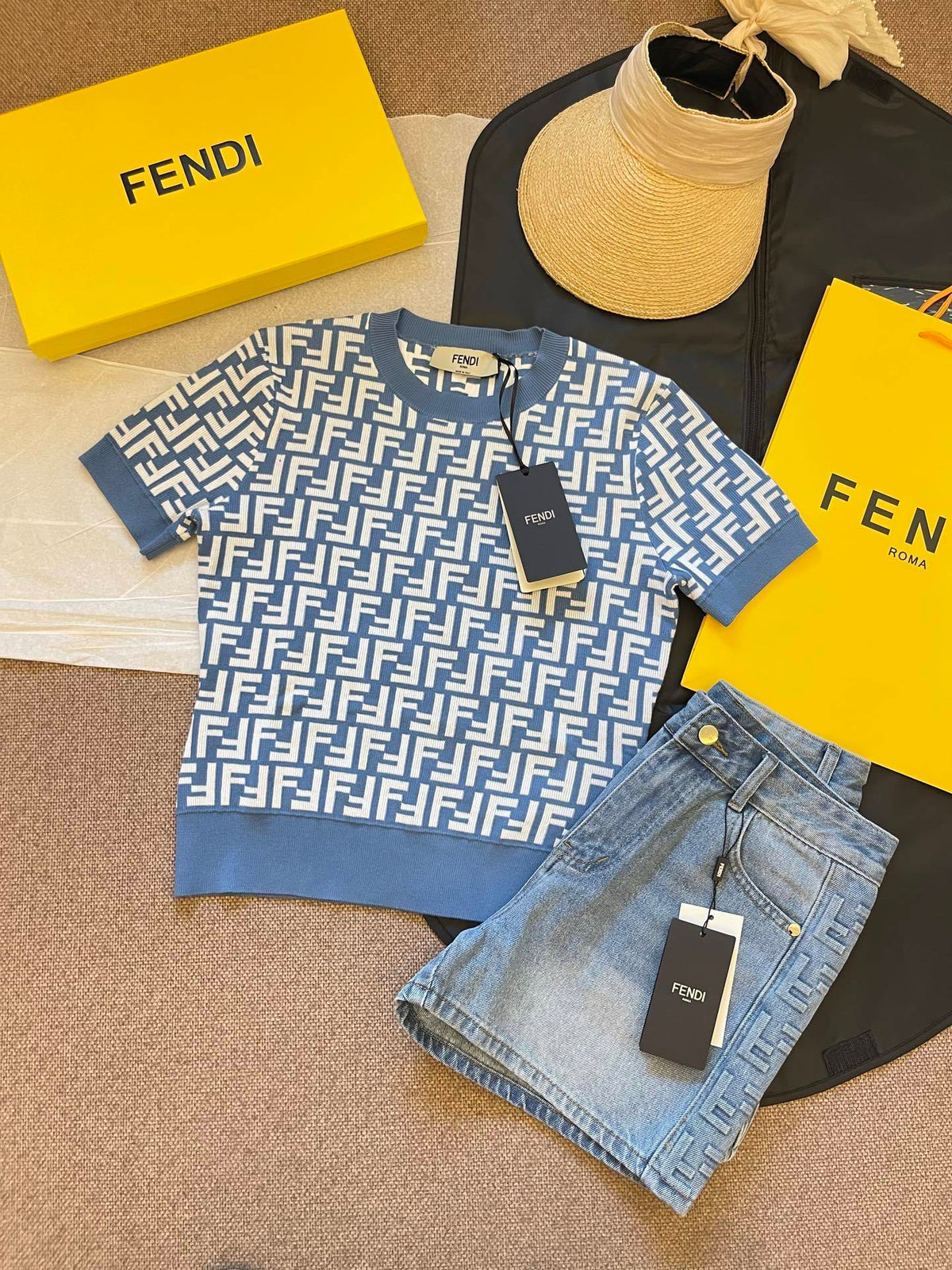 FENDI MONOGRAM KNIT TOP & DENIM SHORT SET