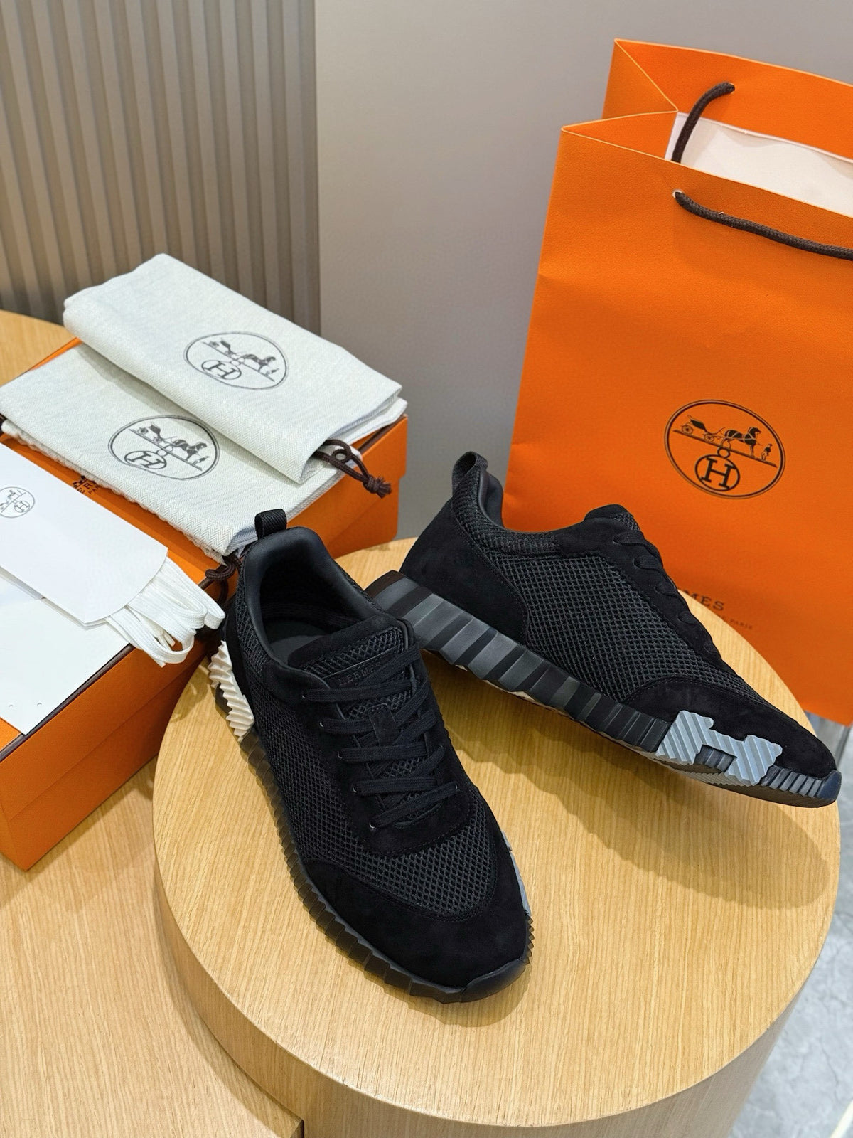 ALL-BLACK MESH & SUEDE DESIGNER SNEAKERS