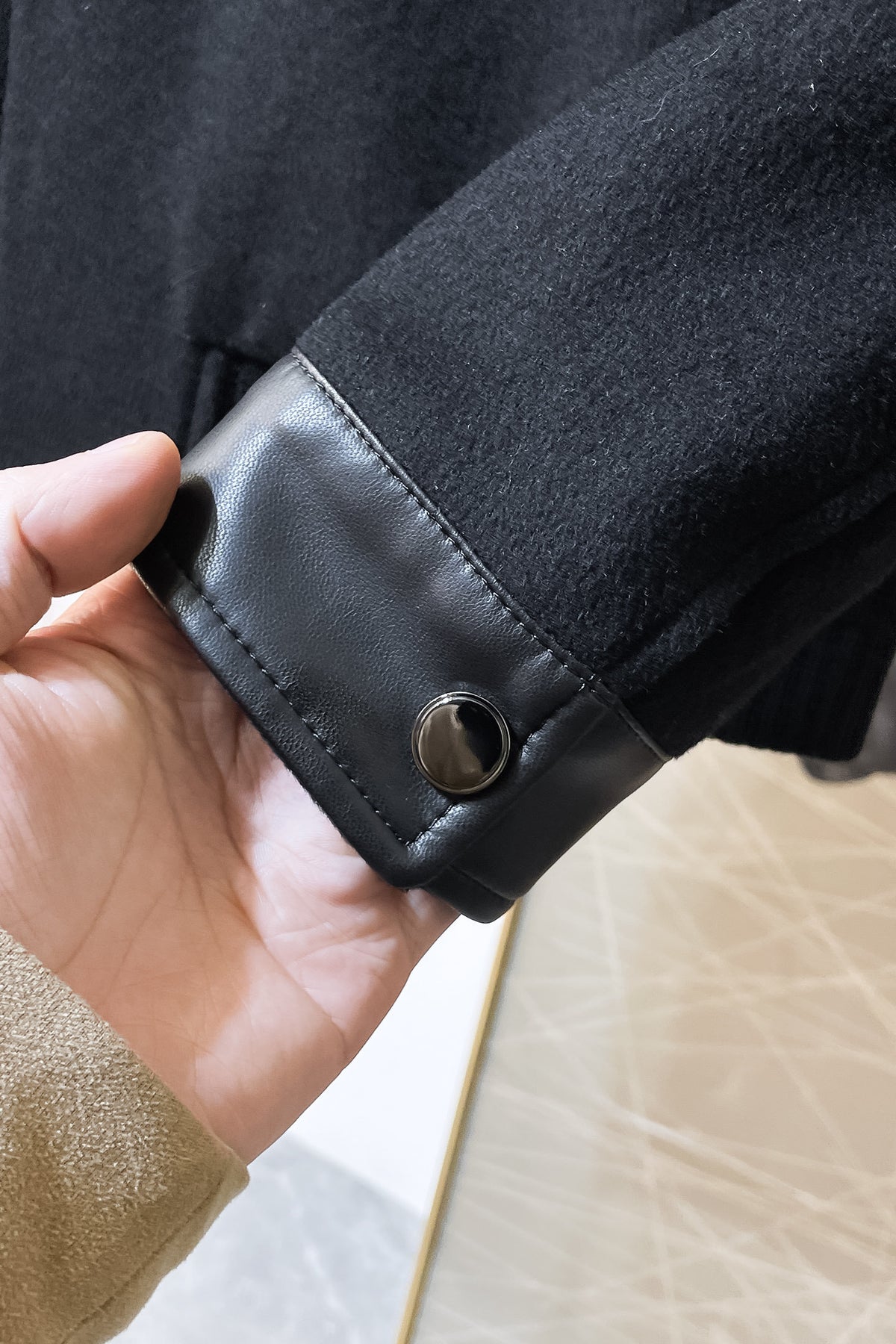 BLACK WOOL-BLEND JACKET WITH LEATHER DETAILS