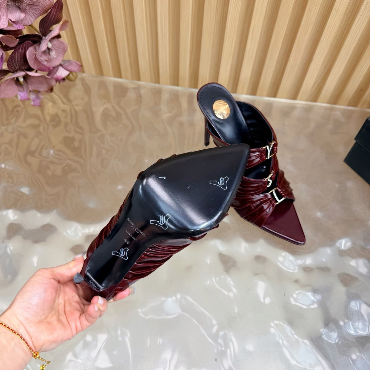 POINTED TOE PLEATED MULE HEELS