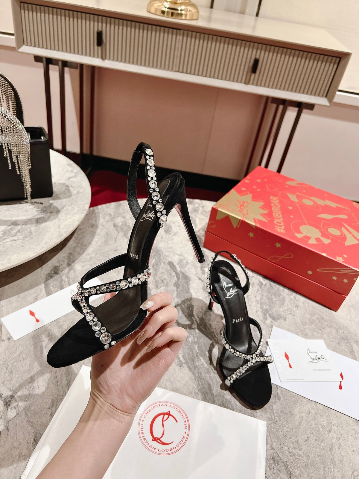 BLACK CRYSTAL-STRAP SANDAL HEELS
