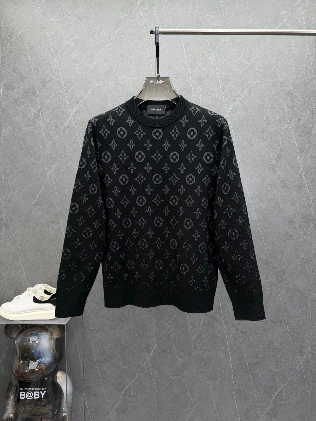 ALL-OVER MONOGRAM KNIT CREWNECK SWEATER