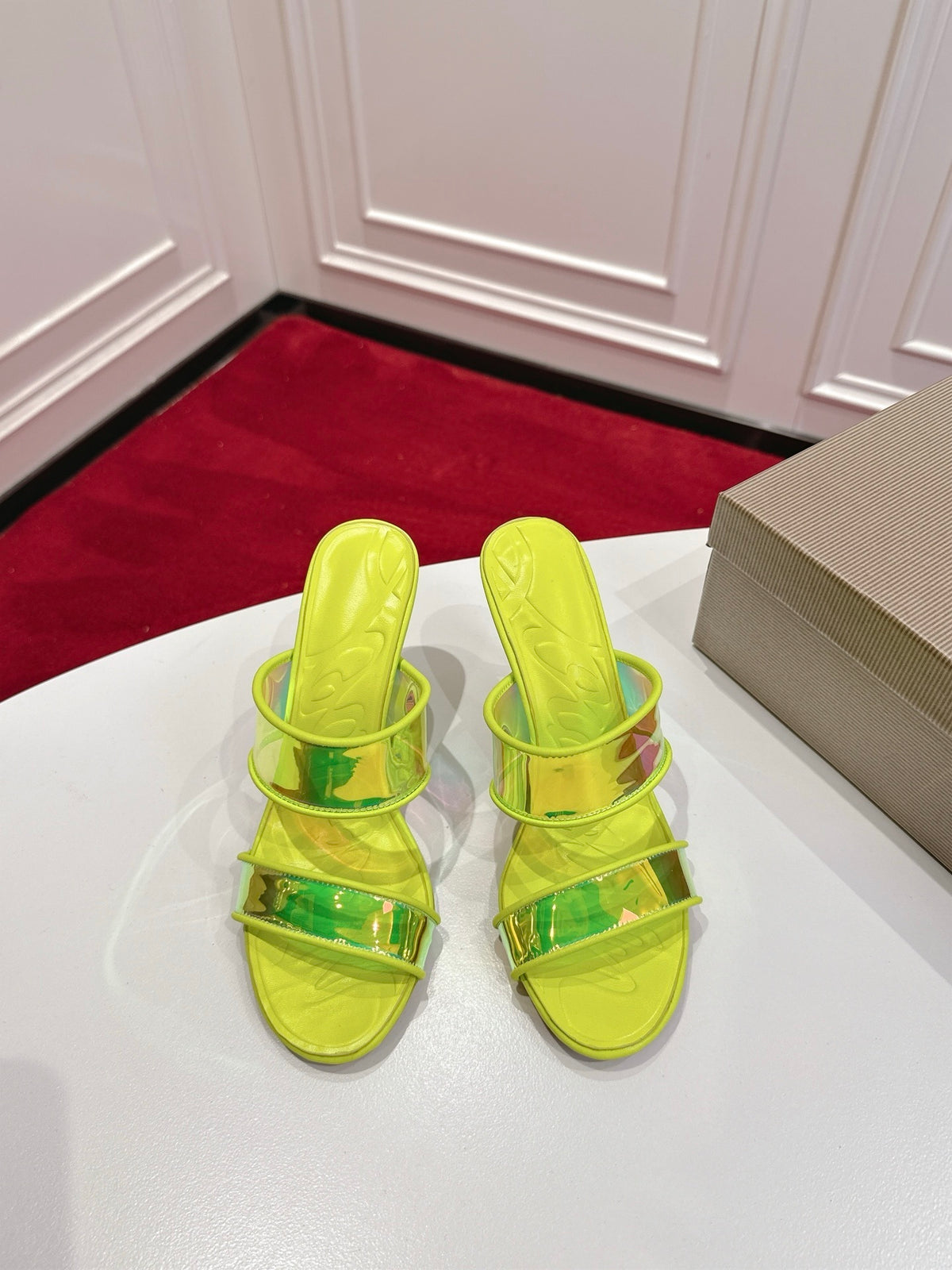 NEON YELLOW TRANSPARENT STRAP MULE HEELS