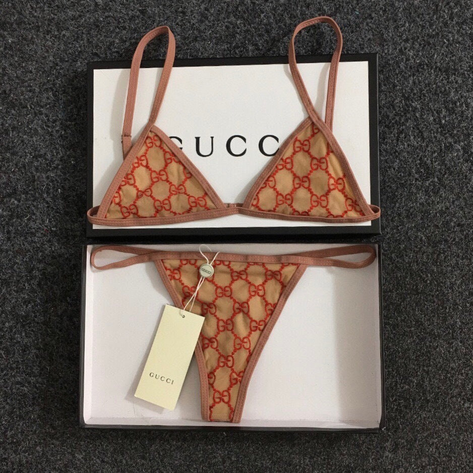 BEIGE & RED MONOGRAM TRIANGLE BIKINI SET