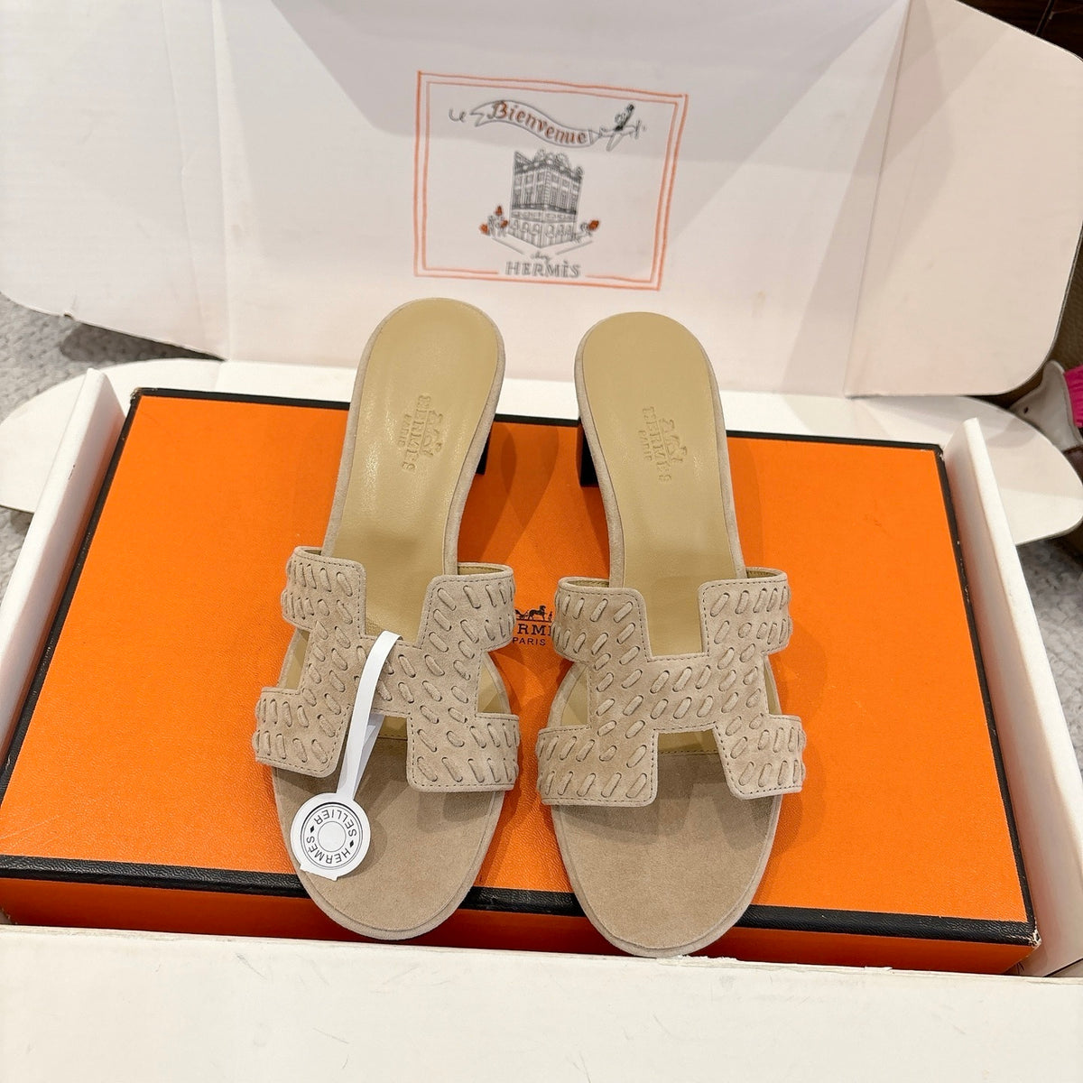 SAND BEIGE SUEDE HEELED SLIDE SANDALS