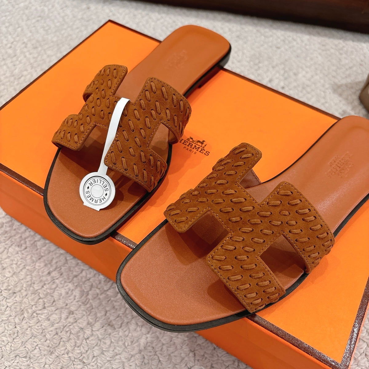 TAN SUEDE SLIDE SANDALS