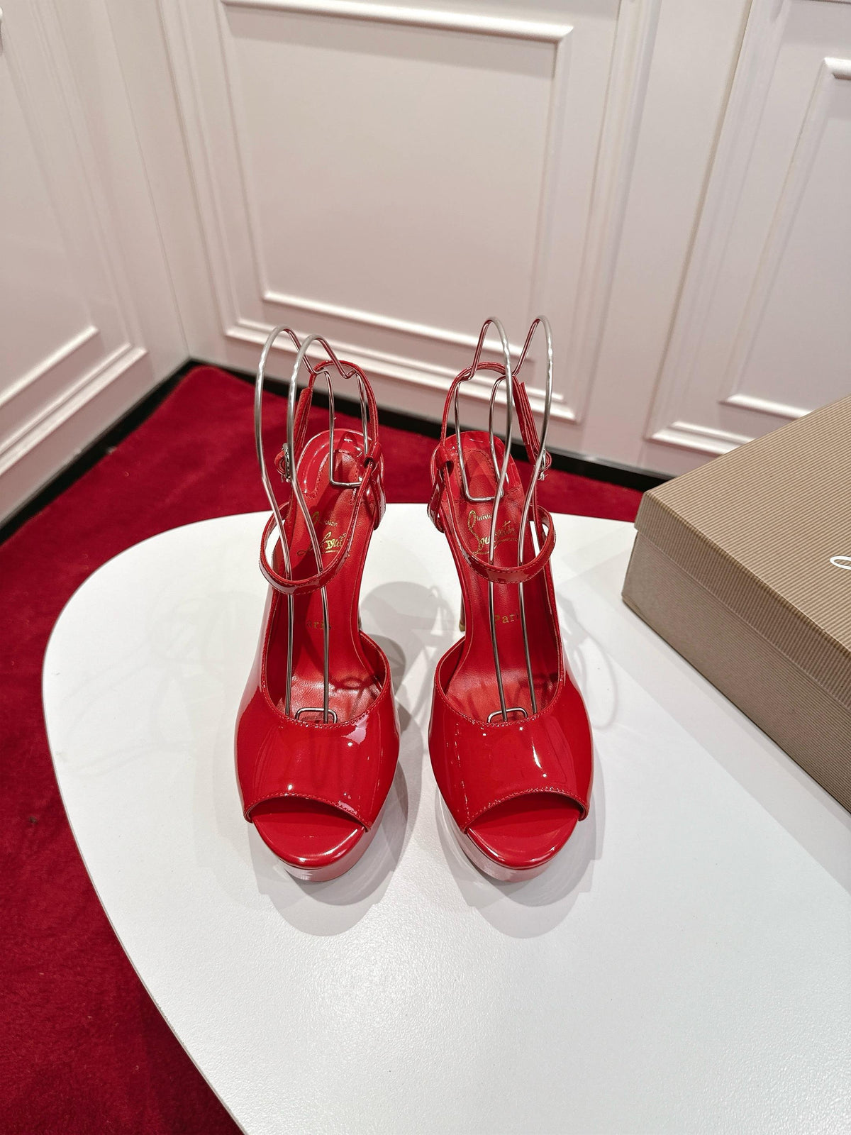 RED PATENT PLATFORM PEEP-TOE ANKLE STRAP HEELS