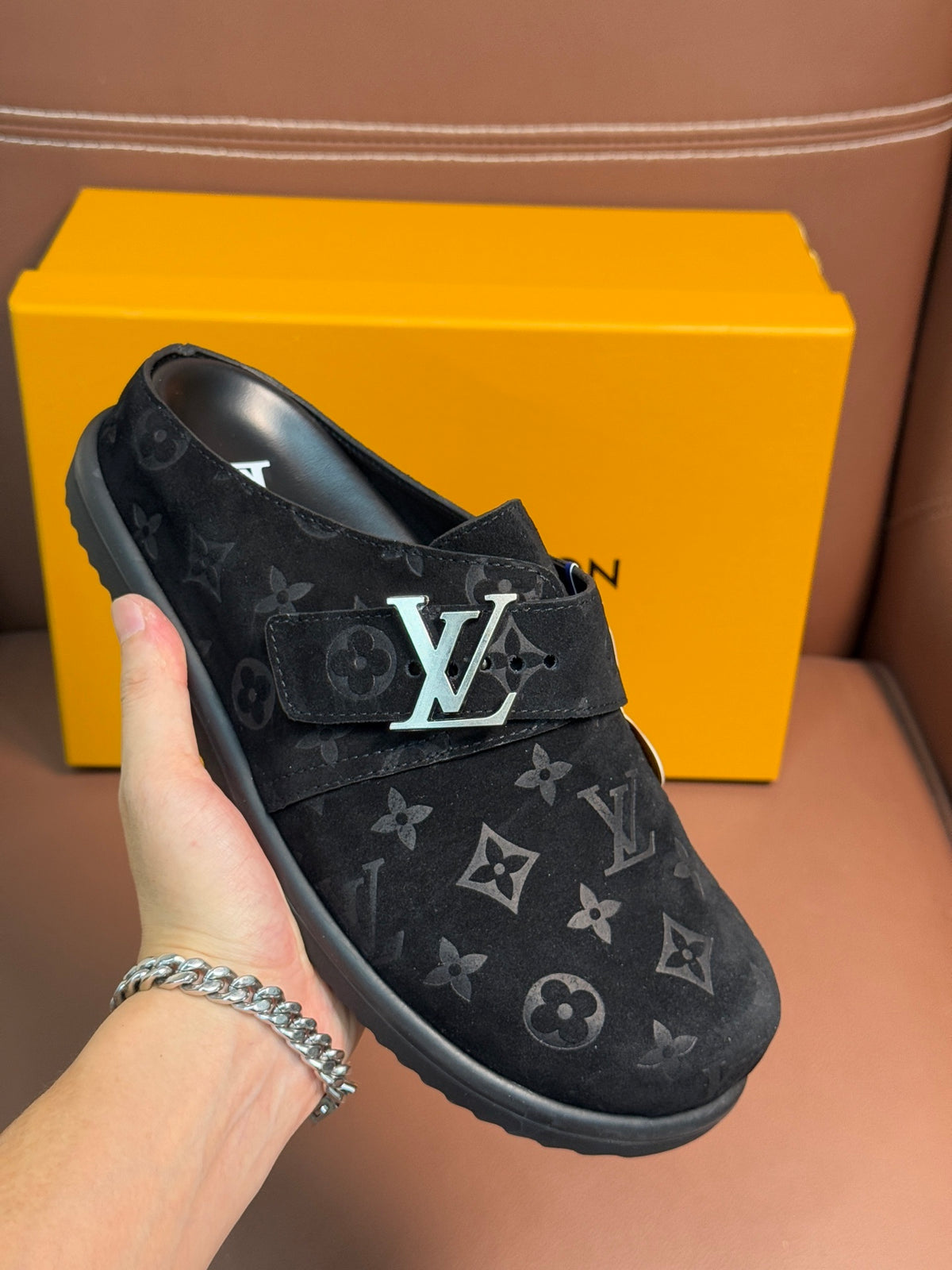 BLACK MONOGRAM SUEDE CLOGS