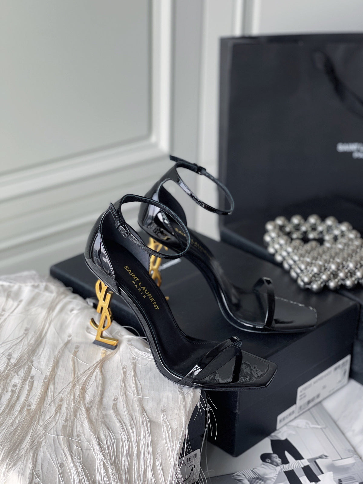 PATENT LEATHER ANKLE-STRAP STATEMENT HEEL SANDALS