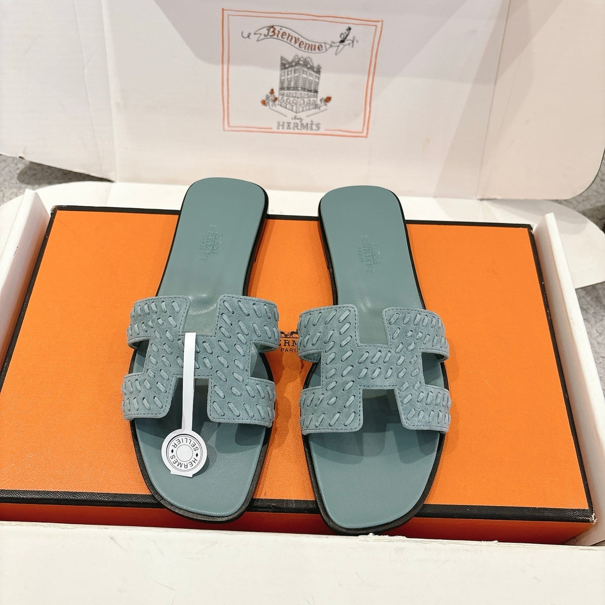 SOFT GREEN SUEDE SLIDE SANDALS