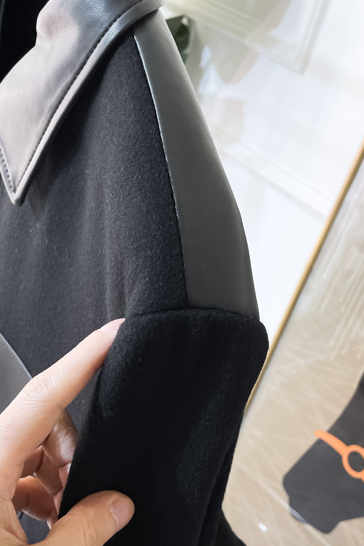 BLACK WOOL-BLEND JACKET WITH LEATHER DETAILS