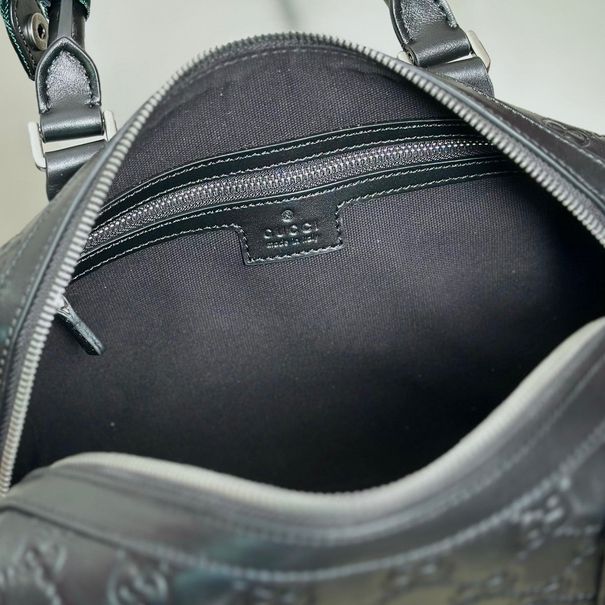 EMBOSSED LEATHER TOP HANDLE BAG