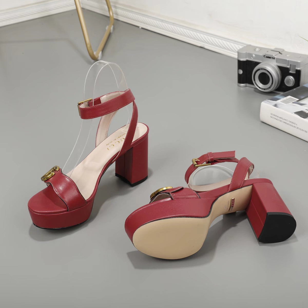 LOGO PLATFORM ANKLE STRAP HEELS