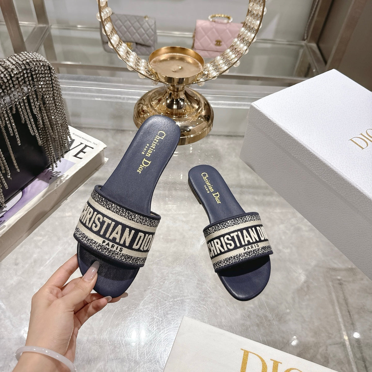 LOGO JACQUARD FLAT SLIDES – NAVY