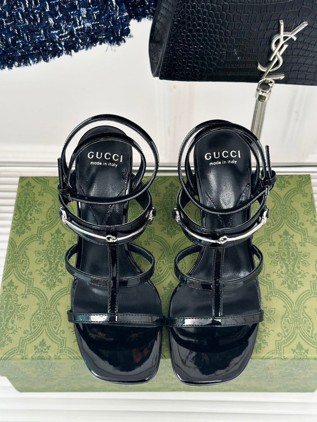 PATENT BLACK STRAPPY HEEL SANDALS WITH METAL DETAIL
