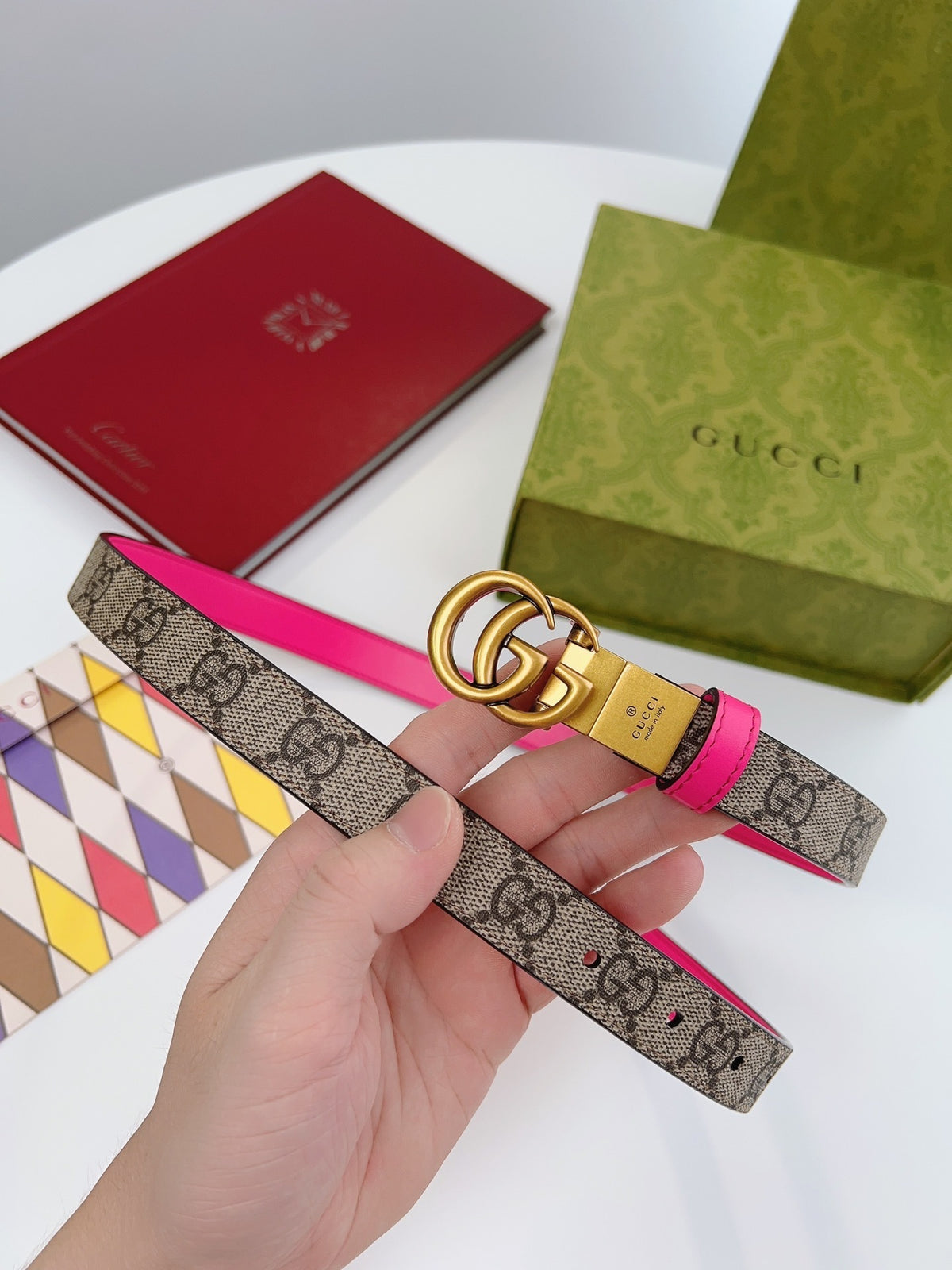REVERSIBLE MONOGRAM BELT WITH PINK LEATHER AND GOLD DOUBLE RING BUCKLE