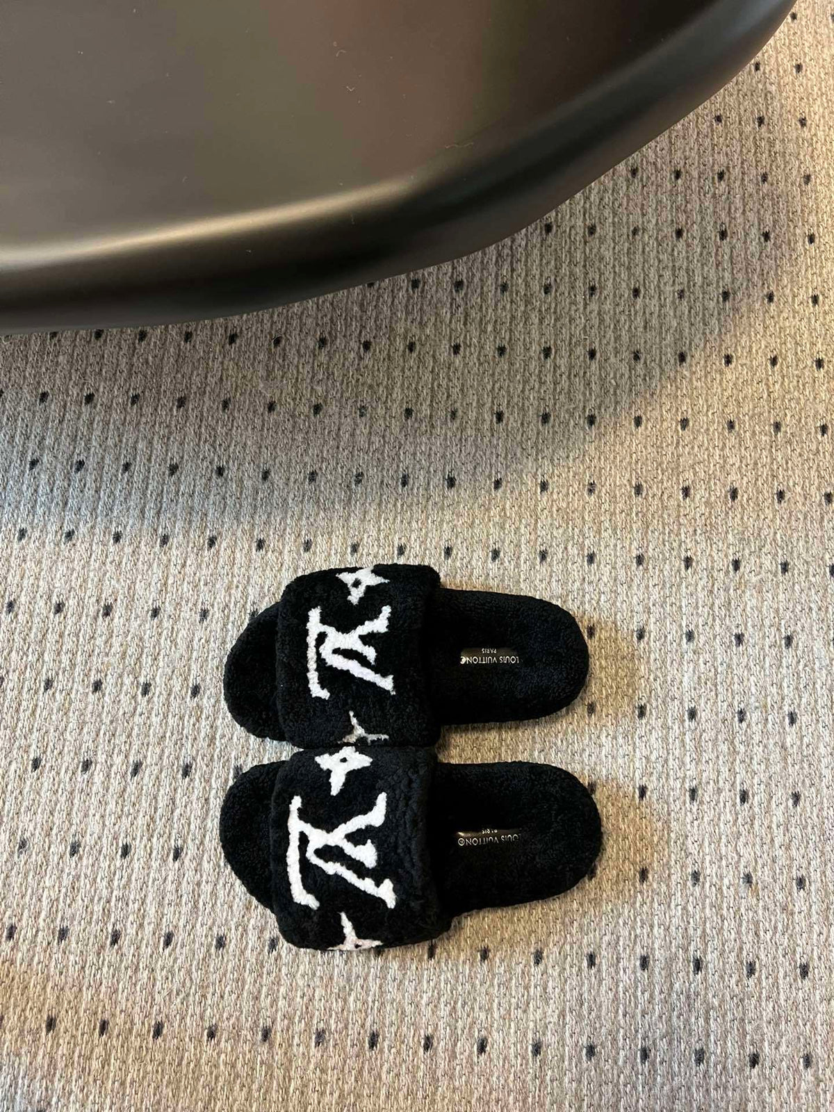 COZY MONOGRAM FUR SLIDE SLIPPERS