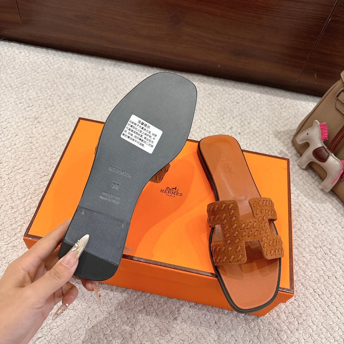 TAN SUEDE SLIDE SANDALS